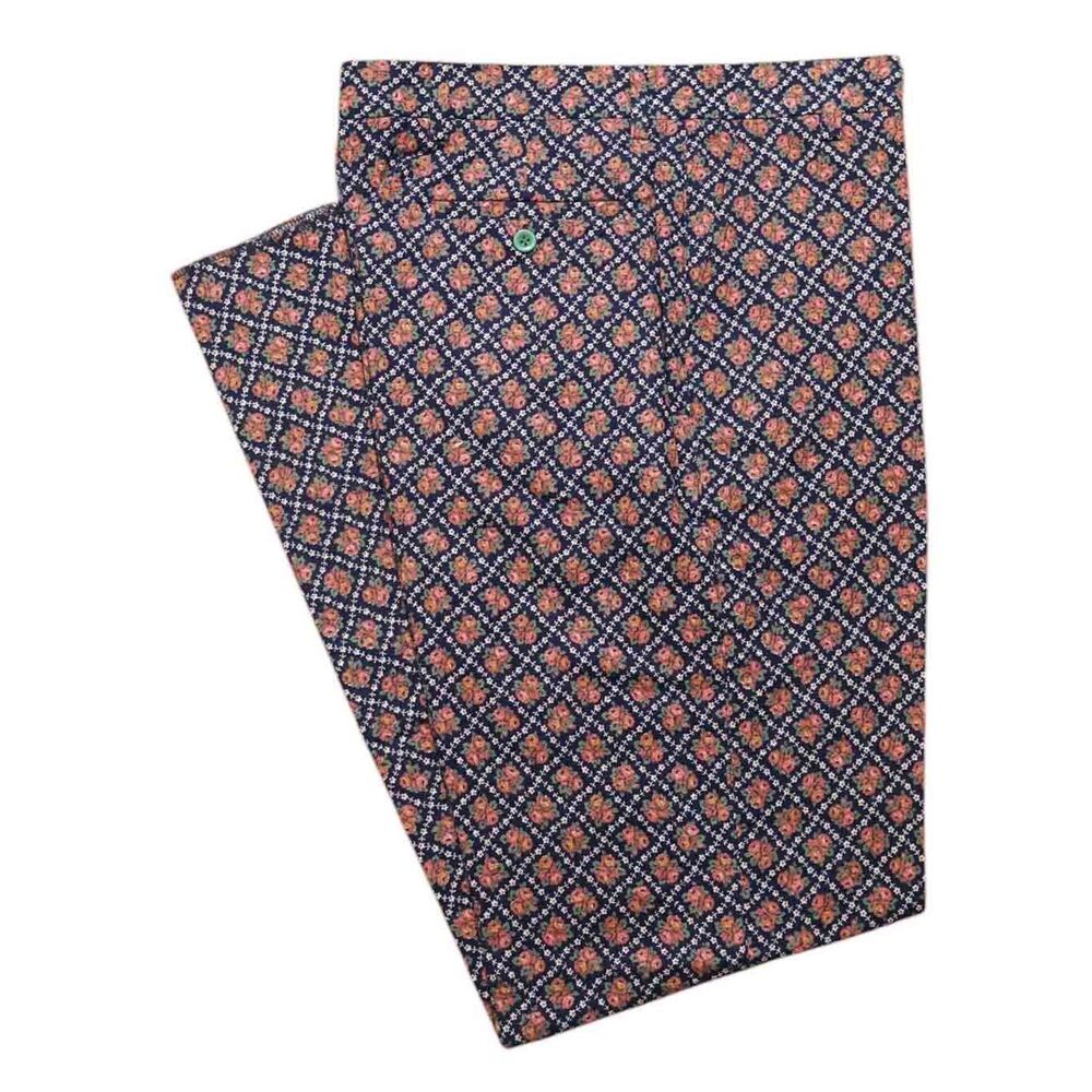 Mens 34 Floral Pants Blue Orange Cotton Geometric Flat Front Straight Trousers